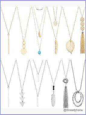 12 Pc Long Pendant Necklace Set Y Tassel Leaf Circle Bar Necklaces